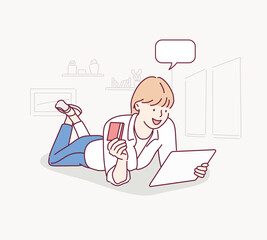 Woman with tablet isolated on the white background. Online shopping concept. Hand drawn style vector design illustrations.