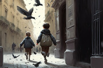 Children chase pigeons down the street, rear view, created with generative ai