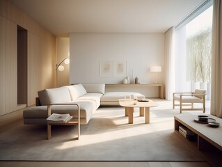 Naklejka na ściany i meble Interior design of modern apartment, living room with sofa and coffee tables 3d rendering, John Pawson style. Created using generative AI.