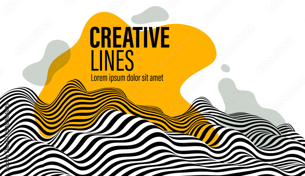 Poster 3d black and white lines in perspective with yellow fluid liquid paint splat abstract vector backgro