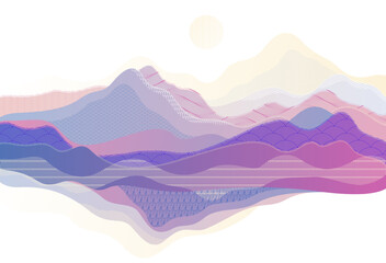 Oriental Japanese style vector abstract illustration, background in Asian traditional style, wavy shapes and mountains terrain, runny like sea lines.