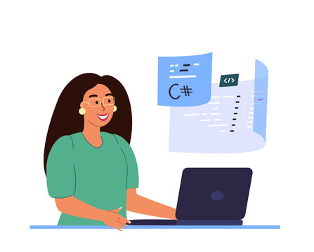 Woman Developer Programmer Working on Web Development in Virtual Program,Computer Laptop Script Coding,Programming php,python,javascript Artificial Language.Software Developer.Flat Vector illustration