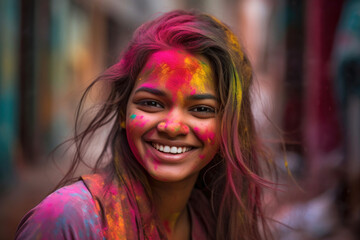Naklejka premium Laughing happy woman celebrating Holi holiday, folk festival of colors in Nepal and India. Symbolizes arrival of spring, the expulsion of evil and the rebirth of life. Generative AI