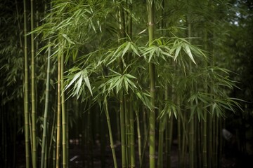  a tall bamboo tree with lots of green leaves on it's branches in a forest of tall bamboo trees with lots of green leaves on it's branches.  generative ai