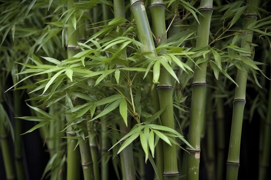  a close up of a bunch of green bamboo plants with leaves on it's stems, with a black background and a black background.  generative ai