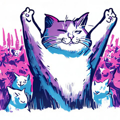 Cat rejoices in front of a crowd. Purple and blue colored drawing. Generative AI.