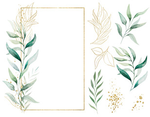 Rectangular golden frame made of green watercolor leaves, wedding illustration, single elements