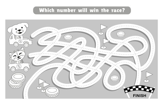 Maze for preschoolers. Educational puzzle game for children. Car race. Cute cat and dog in car in cartoon style. Black and white vector illustration.