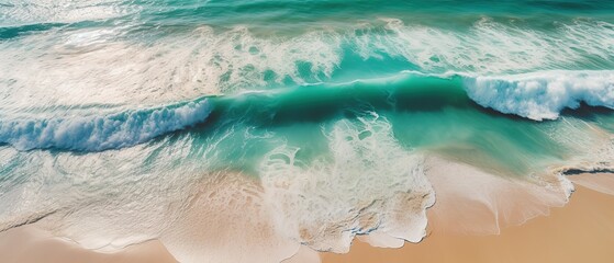 Fototapeta na wymiar Top view of a beautiful tropical beach with sea waves.Aerial view. Panoramic shot. Generative AI