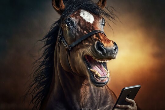 Funny funny horse looks at his smartphone and laughs, created with generative ai