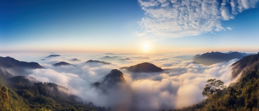 A view of the sunrise with clouds and mountain tops.Aerial view. Panoramic shot. Generative AI