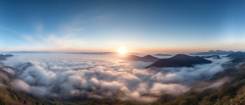 A view of the sunrise with clouds and mountain tops.Aerial view. Panoramic shot. Generative AI