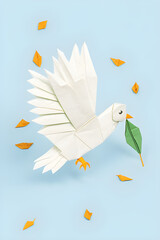 origami dove of peace with a green branch on a blue background and flying autumn leaves, generative ai