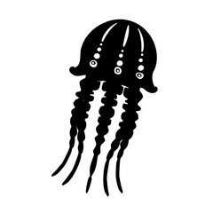 Jellyfish vector icon. Cartoon black icon isolated on white background. Beautiful silhouette for tattoo design, festive card, fashion ornaments, logo, children, pattern. Vector illustration.