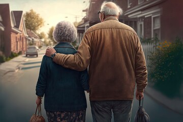 Grandma and grandpa walking down the street holding hands, back view, created with generative ai