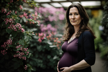 Pregnant woman standing in botanical garden. Generative AI.