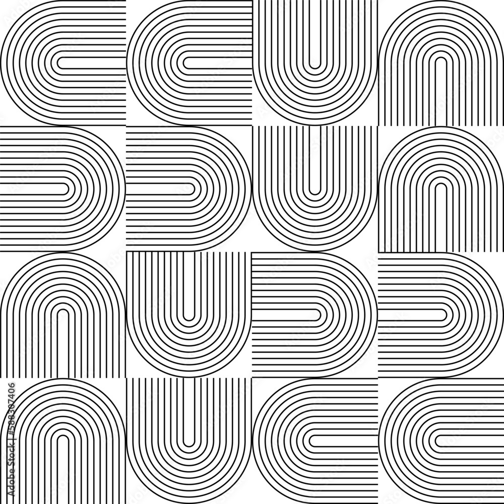 Poster Modern vector abstract seamless geometric pattern with semicircles and circles in retro  style. Black u shapes on white background. Minimalist  illustration in Bauhaus style with simple shapes.