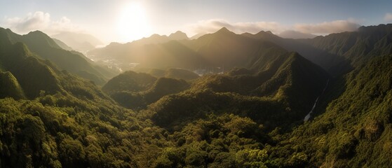 A view from a height of a mountain peak with green trees in the fog.Aerial view. Panoramic shot. Generative AI - obrazy, fototapety, plakaty