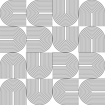 Modern vector abstract seamless geometric pattern with semicircles and circles in retro  style. Black u shapes on white background. Minimalist  illustration in Bauhaus style with simple shapes.