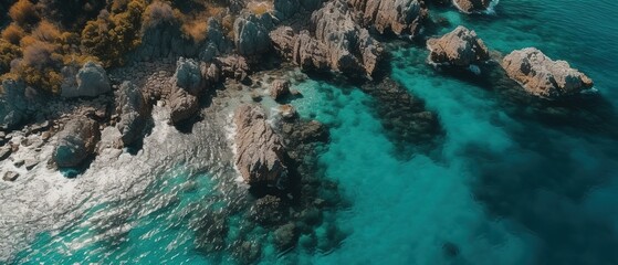 A beautiful picture of a rocky beach with a cliff from above.Aerial view. Panoramic shot. Generative AI