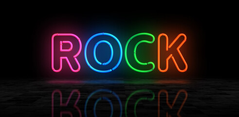 Rock neon symbol. Entertainment music event  light color bulbs. Abstract concept 3d illustration.