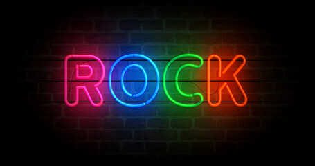 Rock neon symbol. Entertainment music event  light color bulbs. Abstract concept 3d illustration.