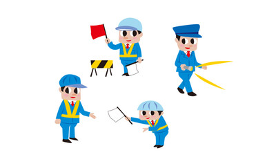 道路が工事中のため交通整理をする誘導員、建物・駐車場を警備をする警備員のイラスト