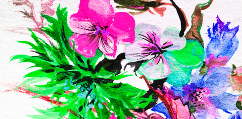 Colorful watercolor painting, flowers on a white background.