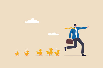 Fototapeta na wymiar Leadership to lead team to success direction, employees follow manager guidance, domination or motivate staffs concept, confidence businessman leader pointing direction with following duckling.
