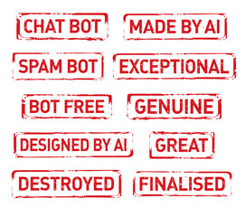 Set red stamp CHAT BOT, MADE BY AI, BOT FREE, CHAT BOT, finalised. Vector outline illustration.