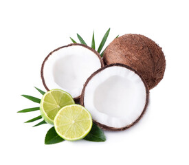 Coconut with lime citrus on white b ackgrounds