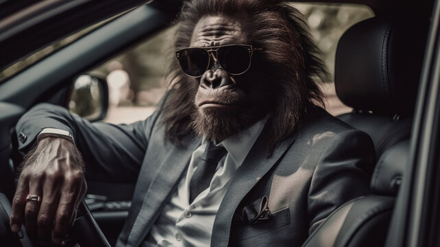 langhaariger Gorilla mit Sonnenbrille im Business Outfit im Auto beim fahren. Generative Ai.
