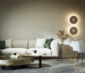 Modern apartment with white furniture and empty wall background. Home living room interior design....