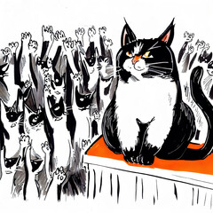 Cat rejoices in front of a voting crowd. Black and orange colored drawing. Generative AI.