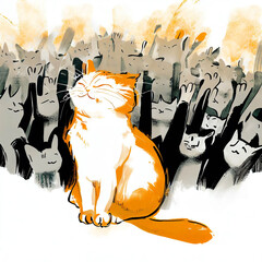 Cat rejoices in front of a voting crowd. Black and yellow colored drawing. Generative AI.