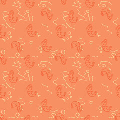 Seamless shrimp pattern on orange background. Prawn pattern, food design option for cafe, kitchen, fabric, etc.