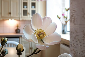 Close-up of a white flower with a lighted bright kitchen in the background, created with Generative AI