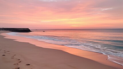 Obraz premium A serene sunset over a beach with soft pinks and oranges
