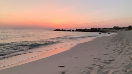 A serene sunset over a beach with soft pinks and oranges