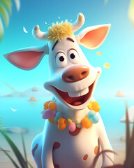 Smiling Cow in the Beach , Cue Happy animal , Soft Cartoon  , Created using Generative AI