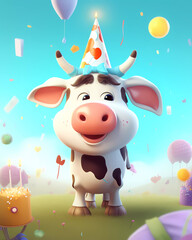 Cute Cow celebrate Birthday  , happy and smile ,  soft cartoon , Generative AI 