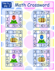 Math Crossword puzzle for children. Addition and subtraction