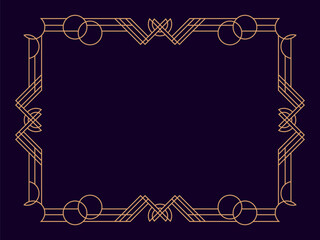 Art deco frame. Vintage linear border. Design a template for invitations, leaflets and greeting cards. Geometric golden frame. The style of the 1920s - 1930s. Vector illustration