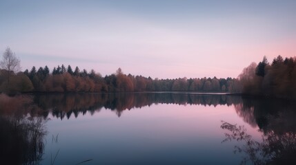 Fototapeta premium A tranquil sunset over a lake surrounded by trees with pastel hues of pink and blue, 