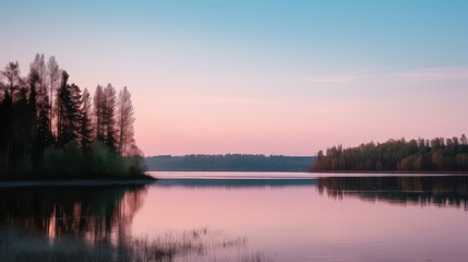 Fototapeta premium A tranquil sunset over a lake surrounded by trees with pastel hues of pink and blue, 