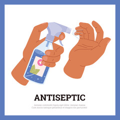 Hands disinfection with antiseptic liquid spray banner or card, flat vector.