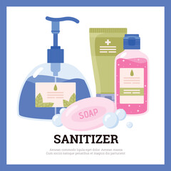Sanitizer clean and hygienic product banner or card, flat vector illustration.