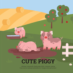 Group of cute and funny pigs playing in mud puddle, poster with text - cartoon flat vector illustration.