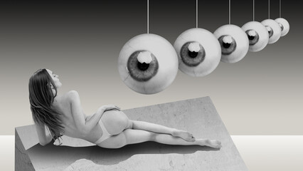 Art collage with attractive young woman laying in underwear and looking at abstract big eyes. Back...