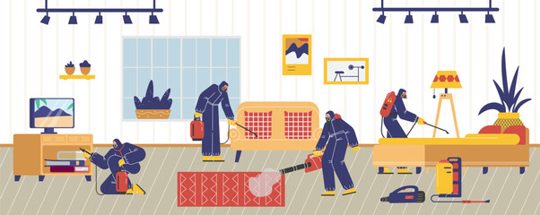 Pest control disinfectors treat room with chemicals, flat vector illustration.
